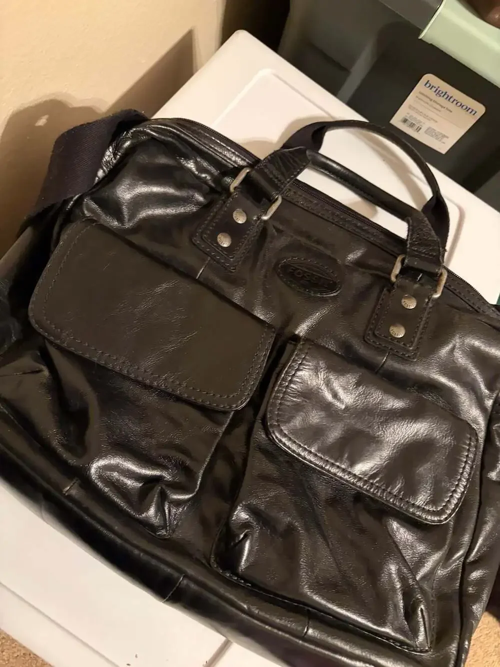 Fossil Vintage Black Leather Multi-Pocket Work Briefcase Messenger Bag